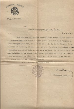 Semnătura olografă a episcopului greco-catolic al Lugojului, Alexandru Nicolescu, 1924, pe un act referitor la cumpărarea terenului necesar pentru construirea bisericii greco-catolice din Petroșani, cu ștampila Episcopiei Lugojului