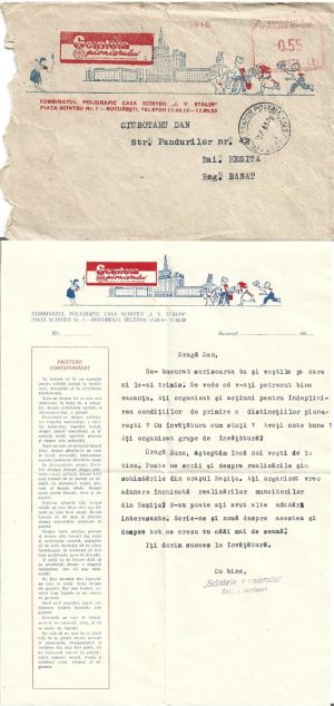 Scânteia pionierilor, 1961, plic și scrisoare cu antet către un pionier din Reșița