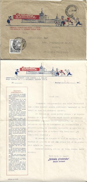Scânteia pionierilor, 1959, plic și scrisoare cu antet către un pionier din Reșița