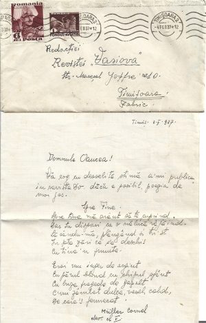 Petru E Oance, scrisoare primită pe adresa redacției revistei Vasiova, 1937, de la un elev din Timișoara în vederea publicării poeziei sale și a unei posibile colaborări