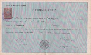 Matricula de student a lui Romulus Mioc (viitor primar al Petroșanilor și prefect al județului Hunedoara) la Facultatea de Teologie din Viena, 1908