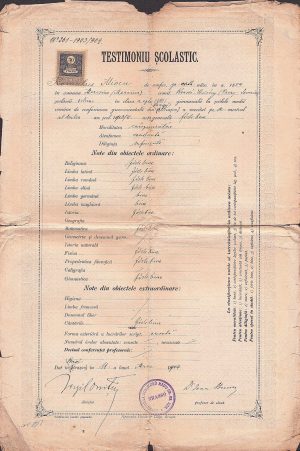 Testimoniu scolastic al lui Romulus Mioc (viitor primar al Petroșanilor și prefect al județului Hunedoara), 1904, Brașov, semnat olograf de Virgil Onițiu