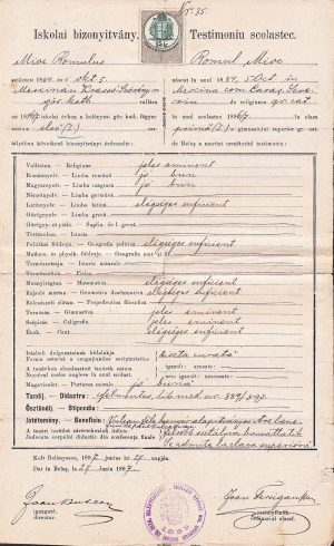 Testimoniu scolastic al lui Romulus Mioc (viitor primar al Petroșanilor și prefect al județului Hunedoara), 1897, eliberat de Gimnaziul român greco-catolic din Beiuș