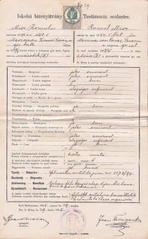 Testimoniu scolastic al lui Romulus Mioc (viitor primar al Petroșanilor și prefect al județului Hunedoara), 1898, eliberat de Gimnaziul român greco-catolic din Beiuș