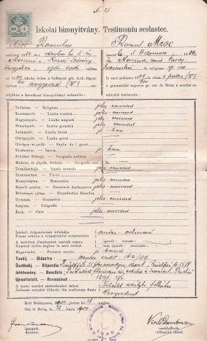 Testimoniu scolastic al lui Romulus Mioc (viitor primar al Petroșanilor și prefect al județului Hunedoara), 1900, eliberat de Gimnaziul român greco-catolic din Beiuș