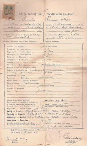 Testimoniu scolastic al lui Romulus Mioc (viitor primar al Petroșanilor și prefect al județului Hunedoara), 1902, eliberat de Gimnaziul român greco-catolic din Beiuș