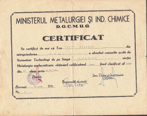 Certificat de normator tehnolog în metalurgia prelucrătoare, 1951
