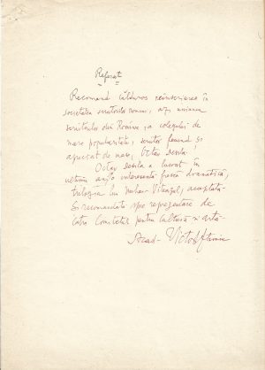 Călduroasă recomandare scrisă și semnată olograf de Victor Eftimiu pentru Octav Dessila