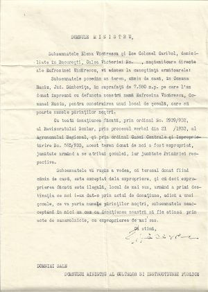 Petiție semnată olograf de Elena Văcărescu adresată ministrului Cultelor și Instrucțiunii Publice, anii 1930