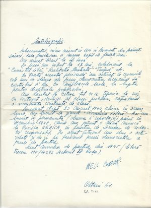 Autobiografie scrisă și semnată olograf de Nell Cobar - menționează că e membru de partid al PCR din anul 1945