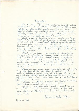 Recomandare scrisă și semnată olograf de prof univ Nicolae Țațomir pentru Corneliu Ștefanache, viitor director al Bibliotecii Centrale Universitare din Iași, 1968, Iași