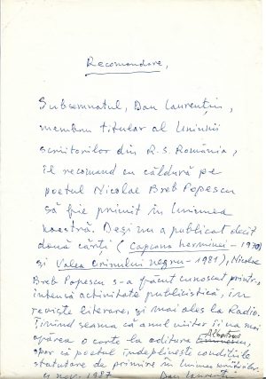 Dan Laurențiu (Laurențiu Ciobanu), act scris și semnat olograf, 1987