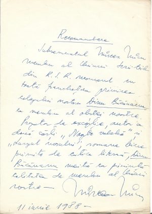 Mircea Micu, act scris și semnat olograf, 1988