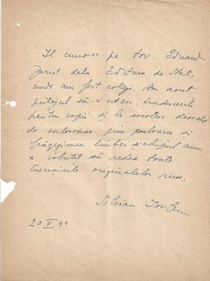 Silvan Ionescu, act despre Eduard Jurist, scris și semnat olograf, 1949