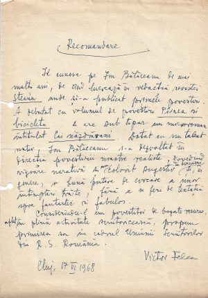 Victor Felea, act scris și semnat olograf, 1968, Cluj