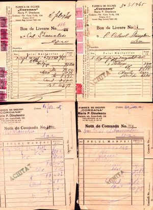 Fabrica de oglinzi Coroana, Maria P Dinulescu, Craiova, lot de 4 acte cu antetul acesteia, 1945