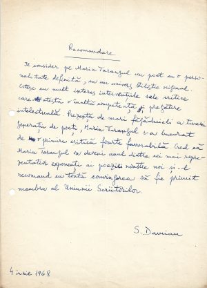Document scris și semnat olograf de Sami Damian referitor la Maria Tarangul, 1968