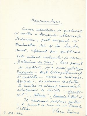 Vlaicu Bârna, act scris și semnat olograf, 1972