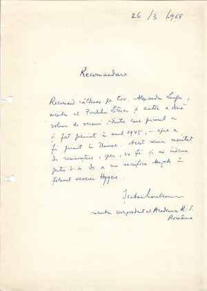 Șerban Cioculescu, act scris și semnat olograf, 1968