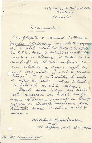 Miron Radu Paraschivescu, act scris și semnat olograf, 1965