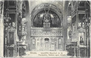 Sinaia, Interiorul Bisericei de la Monastire, Vedere spre Altar, carte poștală