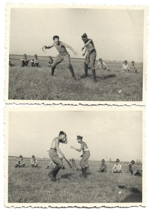 Elevi militari români se joacă, perioada regalității, lot de 2 fotografii