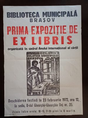Afiș Prima expoziție de ex libris organizată în Anul internațional al cărții, Biblioteca Municipală Brașov, 1972