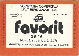 Etichetă bere blondă superioară Favorit, Societatea comercială malț bere Galați SA, începutul anilor 1990