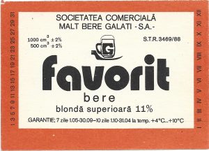 Etichetă bere blondă superioară Favorit, Societatea comercială malț bere Galați SA, începutul anilor 1990