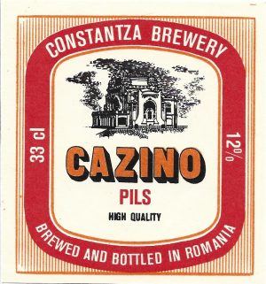 Etichetă bere românească Cazino Pils, Constantza Brewery, brewed and bottled in Romania