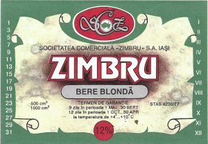 Etichetă bere blondă Zimbru, Societatea comercială Zimbru SA Iași, începutul anilor 1990