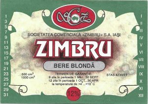 Etichetă bere blondă Zimbru, Societatea comercială Zimbru SA Iași, începutul anilor 1990