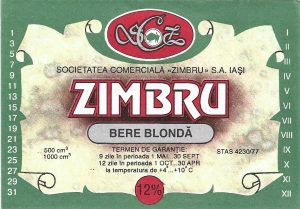 Etichetă bere blondă Zimbru, Societatea comercială Zimbru SA Iași, începutul anilor 1990