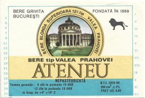 Etichetă bere nepasteurizată tip Valea Prahovei, Ateneu, Bere Grivița București