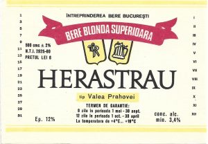 Etichetă bere superioară Herăstrău, tip Valea Prahovei, Întreprinderea Bere București