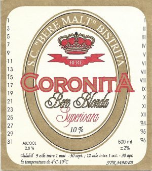 Etichetă bere blondă superioară Coronița, SC Bere Malț Bistrița, începutul anilor 1990