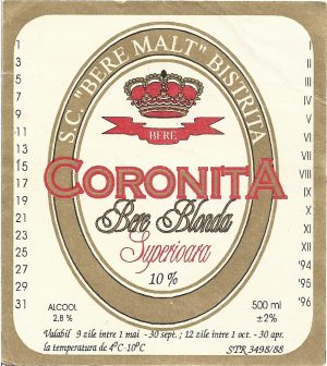 Etichetă bere blondă superioară Coronița, SC Bere Malț Bistrița, începutul anilor 1990