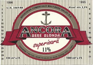 Etichetă bere blondă superioară Ancora, 1994-1995, Societatea comercială Malț Bere Galați SA
