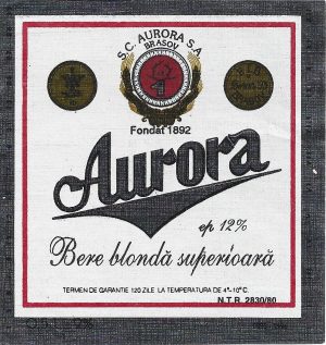 Etichetă bere blondă superioară Aurora, 1995-1996, SC Aurora SA Brașov
