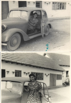 Tânără în automobil de epocă, Valea Teancului, județul Buzău, 1943, lot de 2 fotografii