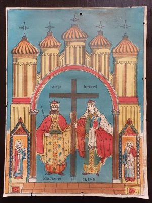 Sfinții Împărați Constantin și Elena, litografie românească religioasă de epocă