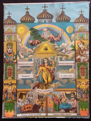 Moartea omului nevinovat și moartea omului păcătos, litografie românească religioasă de epocă