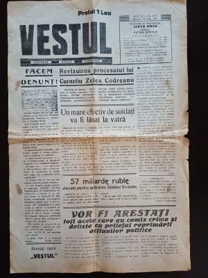 Vestul, 2428/25 septembrie 1940, Timișoara, anunță revizuirea procesului lui Corneliu Zelea Codreanu