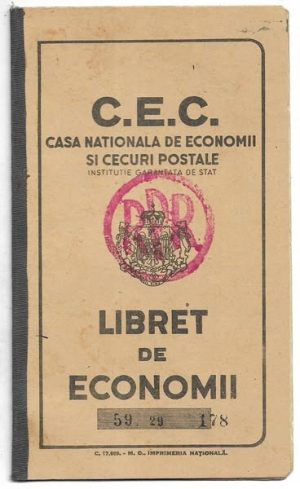 Carnet CEC cu ștampilă RPR suprapusă peste stema regală