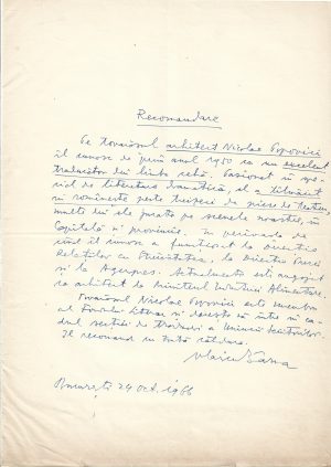 Vlaicu Bârna, act scris și semnat olograf, 1966
