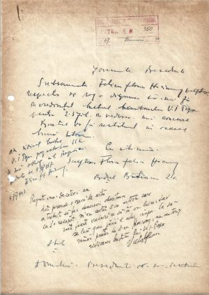 Victor Eftimiu, notă și semnătură olografă, refuză o cerere a sculptoriței Florica Felicia Hociung, 1947
