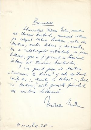 Mircea Micu, act scris și semnat olograf, 1976