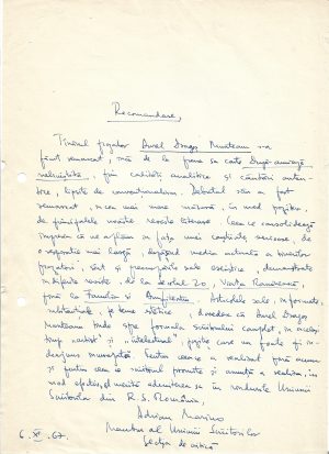 Adrian Marino, act scris și semnat olograf, 1967