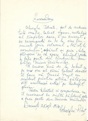 Gheorghe Pituț, act scris și semnat olograf, 1970