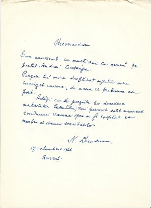 Nicolae Dunăreanu (Nicolae Perju-Ionescu), act scris și semnat olograf, 1966
